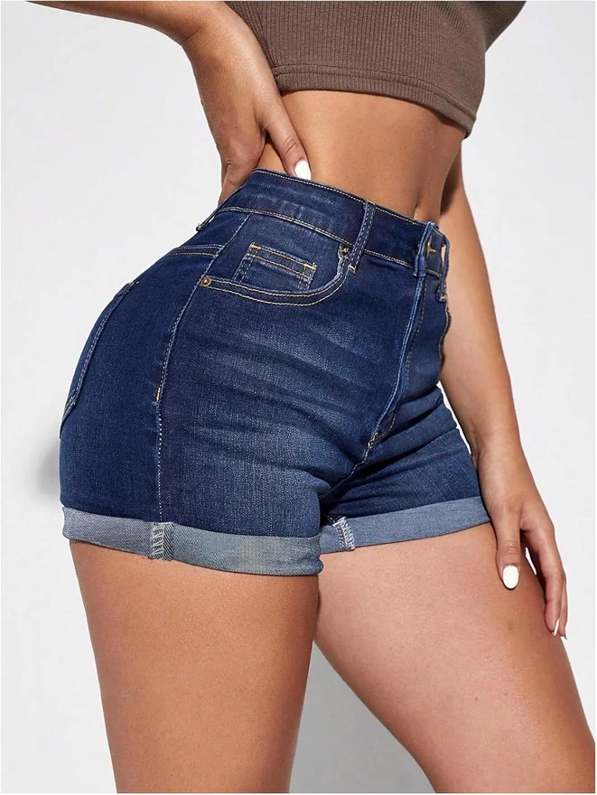 Denim Shorts Cuffed Hem Stretchy Mid Rise Jean Shorts by OYOANGLE, photograph 4 of 4