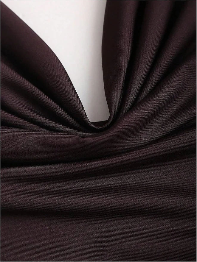 Cowl Neck Ruched Sleeveless Halter Top Coffee Brown by OYOANGLE, photograph 3 of 3