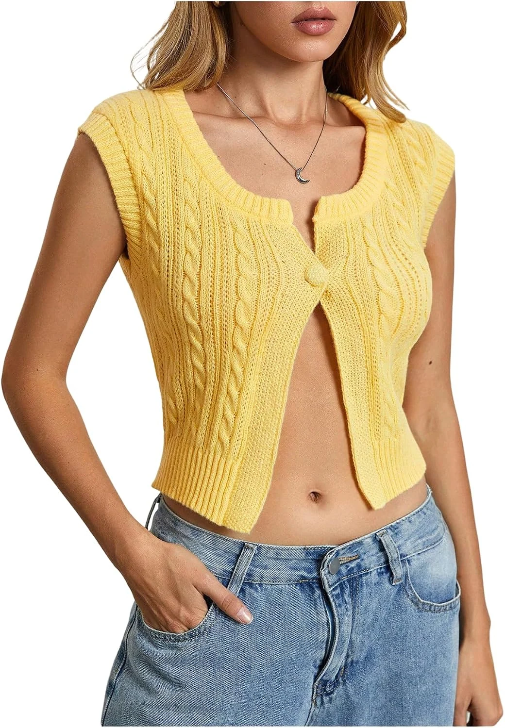 Sweater Vest Button Split Hem Cable Knit Sleeveless Crop by OYOANGLE, photograph 1 of 4