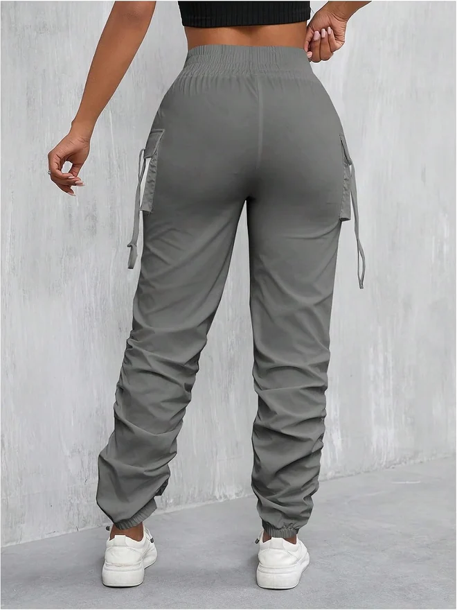 Y2K Rave Ruched Flap Pocket Cargo Pants Elastic High Waist by OYOANGLE, photograph 2 of 3