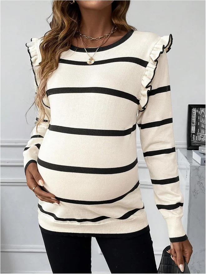 Maternity Striped Frill Trim Sweater Crewneck Long Sleeve Knit by OYOANGLE, photograph 4 of 4