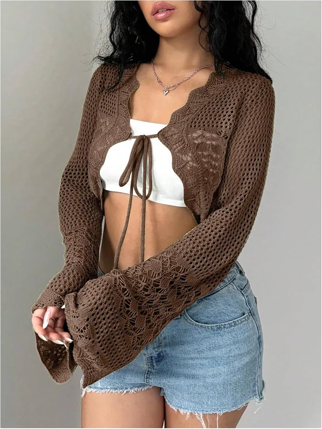 Crochet Tie Front Cardigan Sweater Bolero Shrug Brown by OYOANGLE, photograph 2 of 3