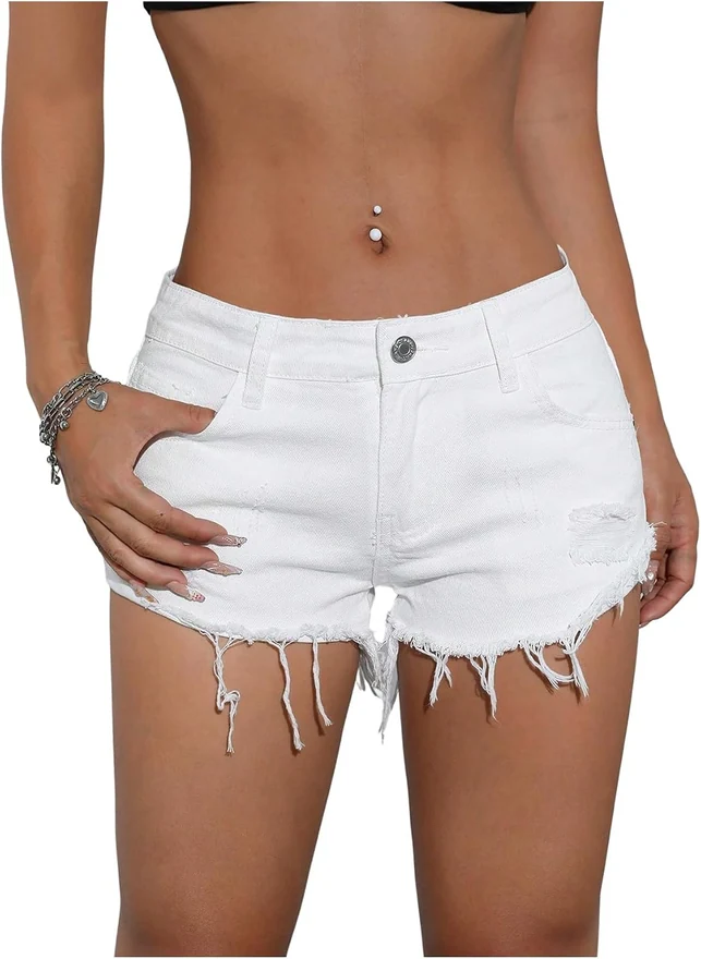Ripped Denim Shorts Y2K Low Rise Jean Shorts by OYOANGLE