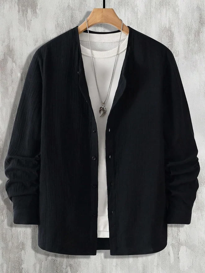 Long Sleeve Button Down Shirts Crew Neck Basic Solid Shirt by OYOANGLE, photograph 3 of 4