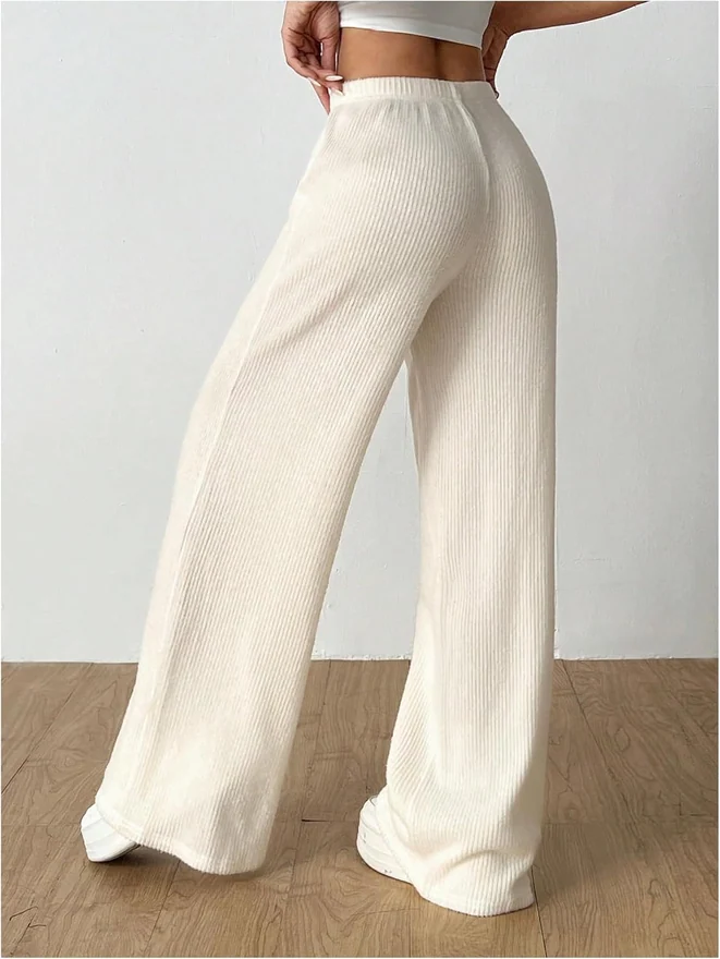 Rib High Waisted Trousers Drawstring Waist Wide Leg Pants by OYOANGLE