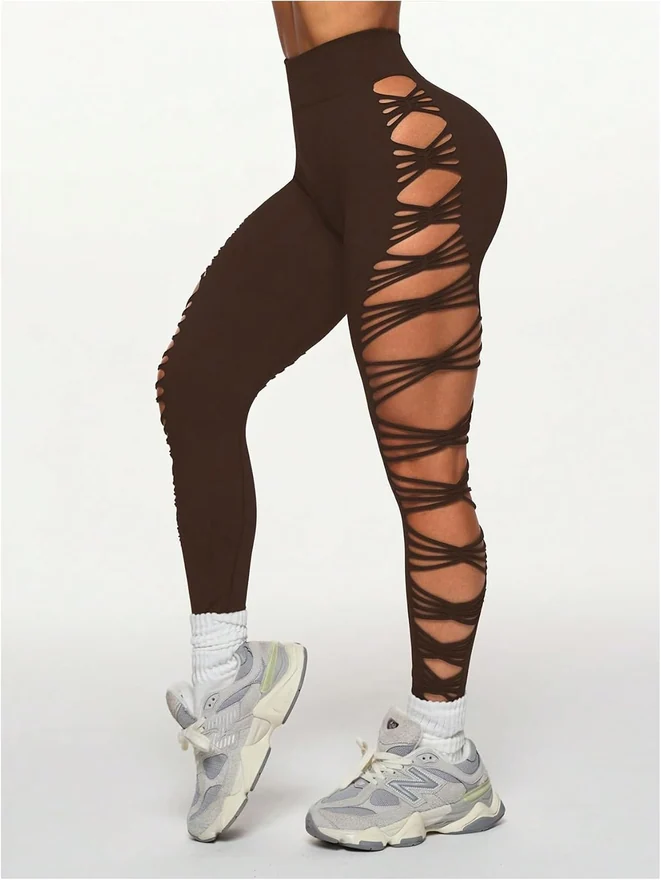 Y2k Ripped High Waist Seamless Leggings Coffee Brown by OYOANGLE, photograph 2 of 4