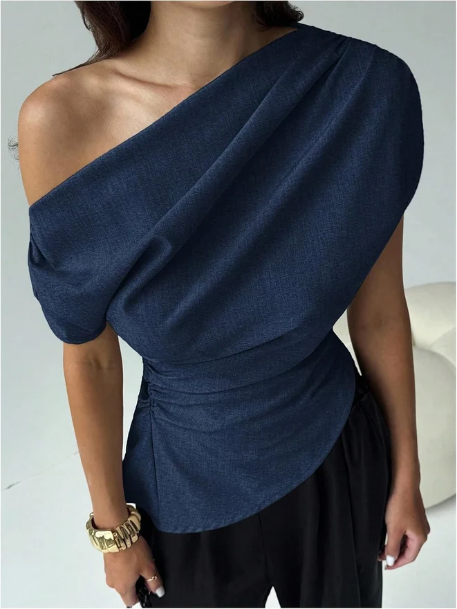 Off the Shoulder Short Sleeve Ruched Blouse Office Dressy by OYOANGLE, photograph 4 of 4