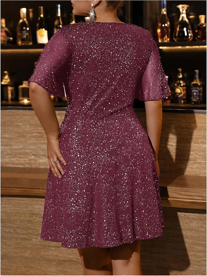 Plus Size Sequin Sparkly Wrap V Neck Short Dress Short Sleeve by OYOANGLE, photograph 4 of 4