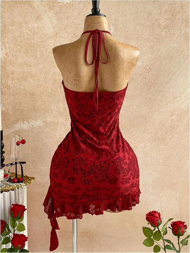 Floral Lace Starfish Decor Bodycon Mini Dress Ruffle Halter by OYOANGLE, photograph 2 of 3
