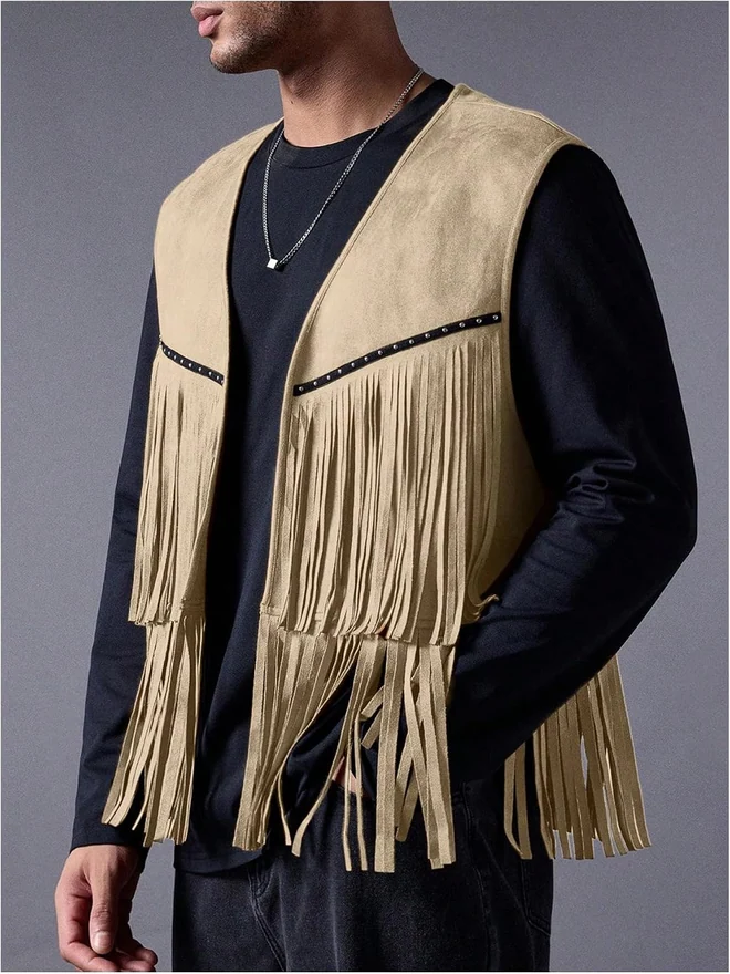 Casual Suede Top Shirt Boho Fringe Trim Open Front Sleeveless by OYOANGLE, photograph 4 of 4