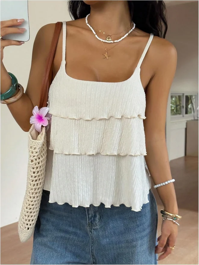Layered Ruffle Cami Top Beige by OYOANGLE, photograph 2 of 4