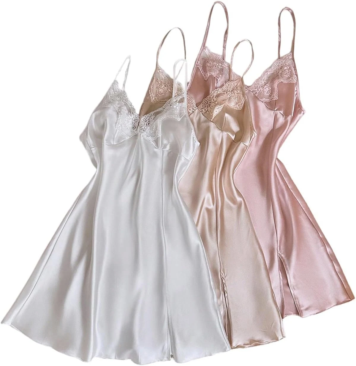 3 Pack Lace Trim Satin Nightgowns Lace Trim Spaghetti Strap V by OYOANGLE, photograph 1 of 4