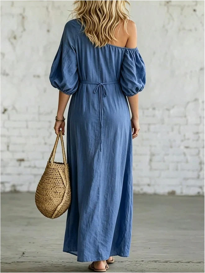 Off Shoulder Maxi Dress Puff Sleeve Flowy Vacation Dress by OYOANGLE