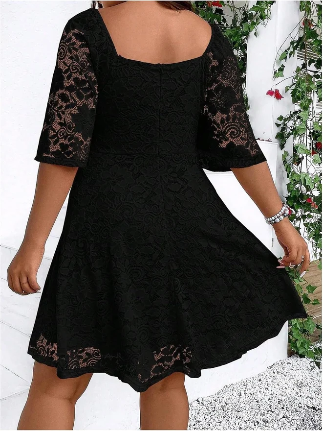 Plus Size Lace Deep V Neck Dress Half Sleeve Short Dress Wrap A by OYOANGLE, photograph 2 of 4