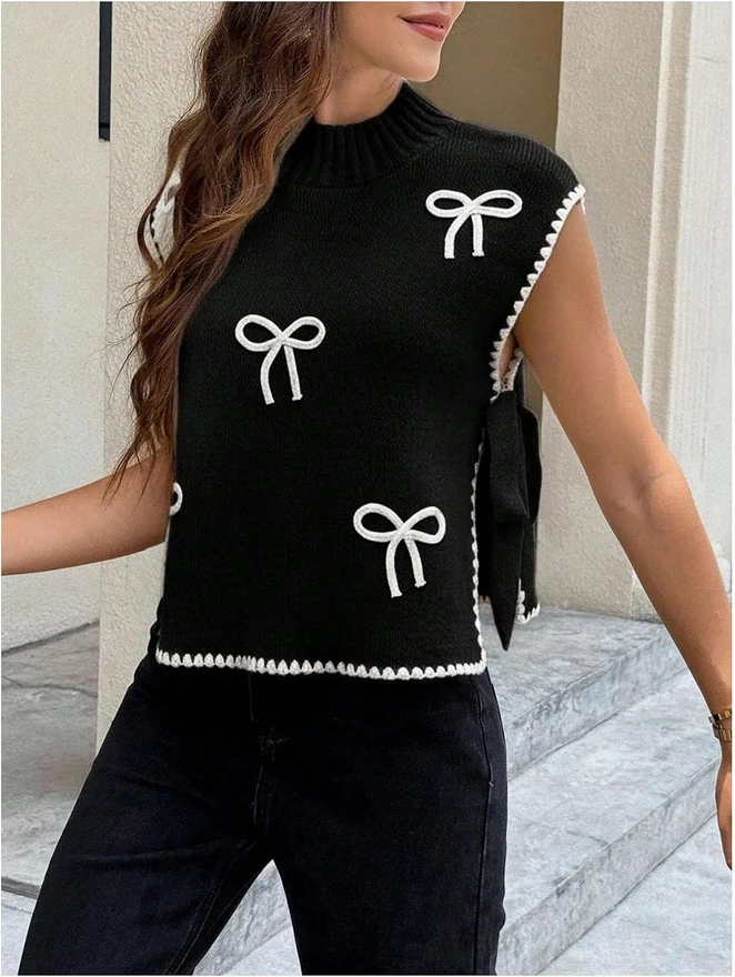 Bow Short Sleeve Sweater Side Tie Knit Pullover Top Black by OYOANGLE, photograph 2 of 4
