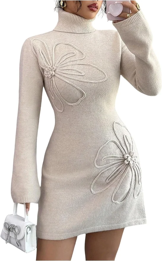 3D Floral Bell Long Sleeve Sweater High Neck Mini Dresses by OYOANGLE