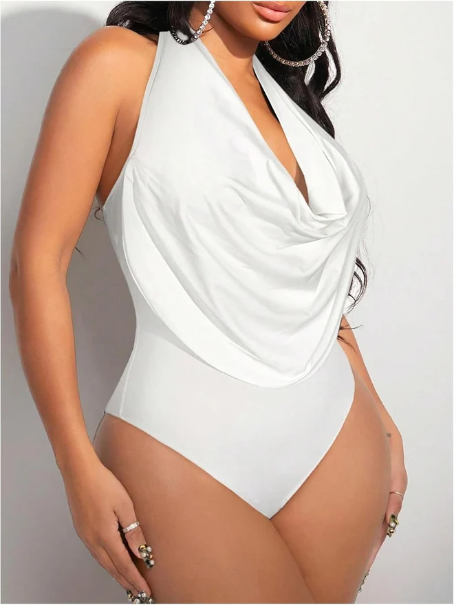 Draped Halter Bodysuits Backless Tank Top Bodysuit by OYOANGLE, photograph 2 of 4