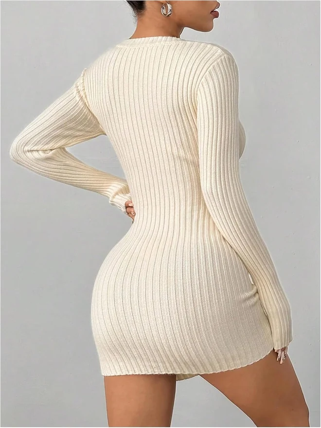 Ribbed Knit Bodycon Sweater Dress Deep V Neck Long Sleeve Skinny by OYOANGLE, photograph 4 of 4