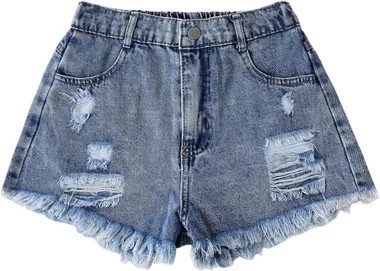 Girl's Ripped Denim Shorts Mid Rise Frayed Raw Hem Jean Shorts in Medium Wash