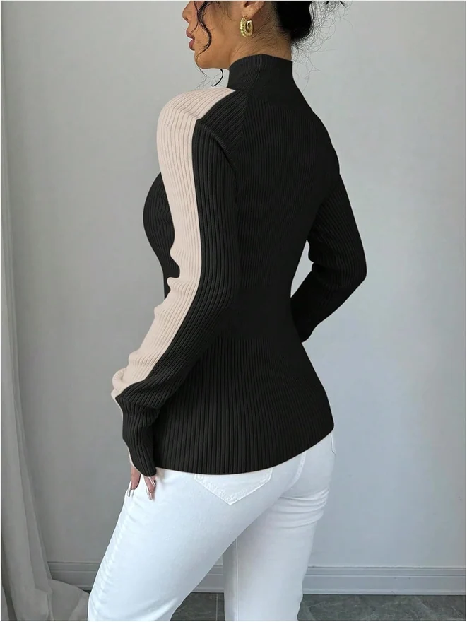 Turtleneck Sweater Long Sleeve Pullover Ribbed Knit Tops by OYOANGLE