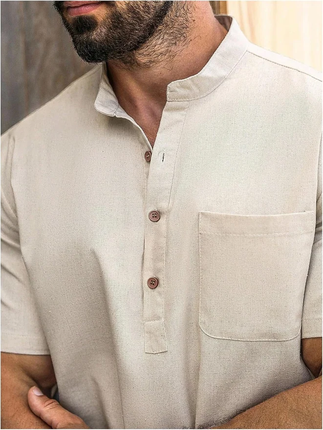 Short Sleeve Half Button Henley Shirt Pocket Patched Casual by OYOANGLE, photograph 4 of 4
