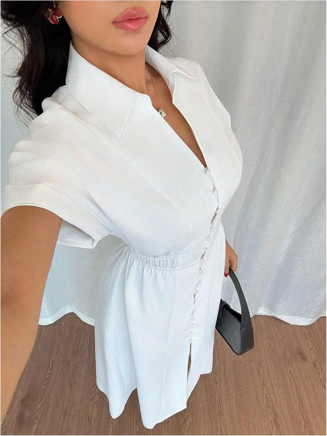 Short Sleeve Button Up Long Shirtdress Ruched Collar Business by OYOANGLE, photograph 2 of 3