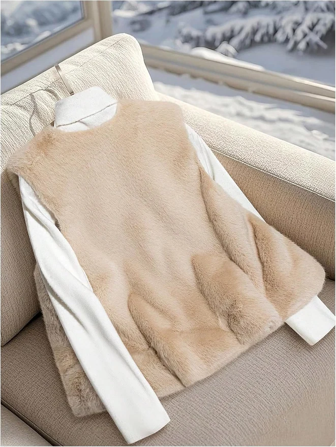 Faux Fur Coat Vest Fleece Sleeveless Jacket with Pockets Apricot by OYOANGLE, photograph 2 of 4