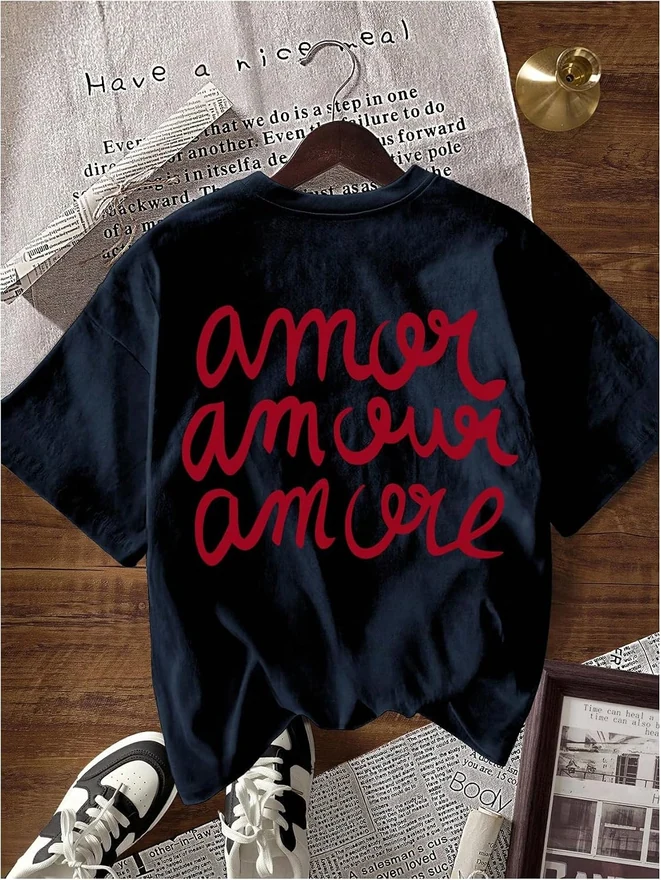 Graphic Tees Letter Print Short Sleeve Tee Shirt Drop Shoulder by OYOANGLE, photograph 2 of 4