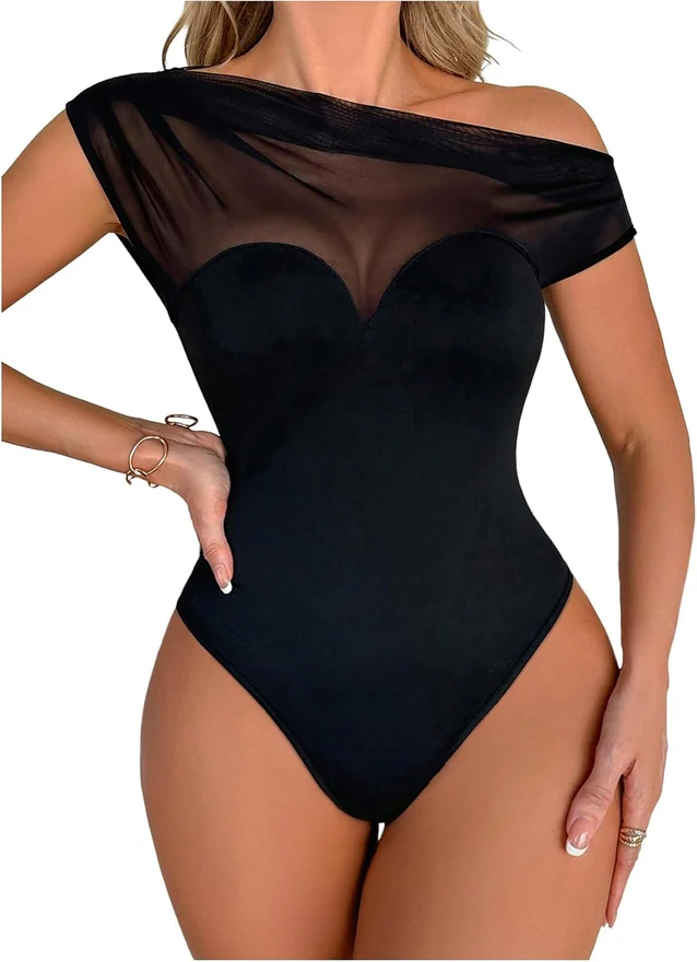 Mesh Sheer One Shoulder Bodysuit Asymmetrical Sleeveless Body by OYOANGLE