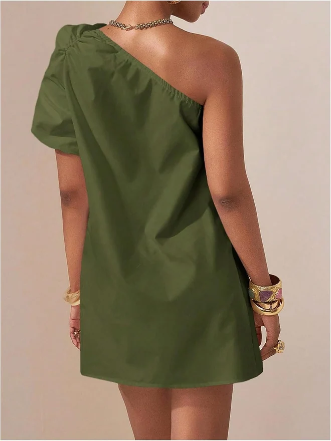 Off the Shoulder Dress Short Sleeve Twist Ruched A Line Short by OYOANGLE