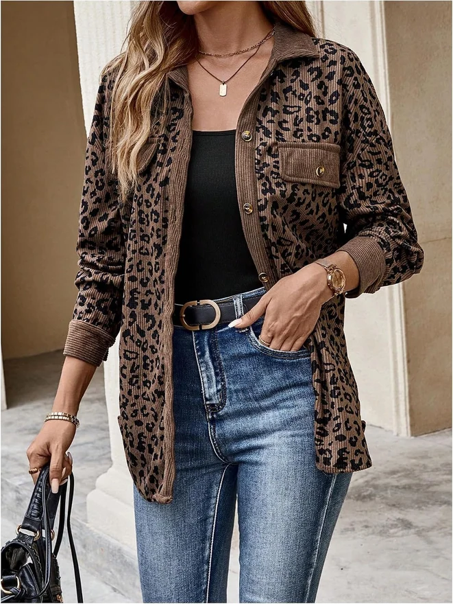 Cheetah Button Down Corduroy Jackets Long Sleeve Leopard Shacket by OYOANGLE, photograph 2 of 4