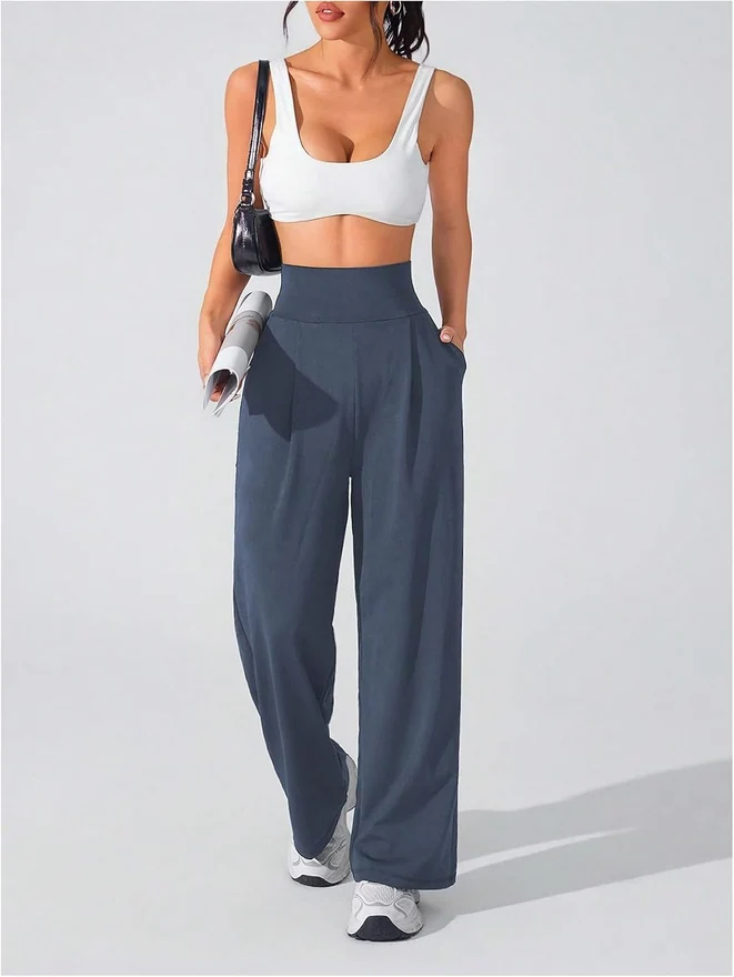 Wide Leg Yoga Pants Cinched High Waist Lounge Sweatpants by OYOANGLE, photograph 2 of 3