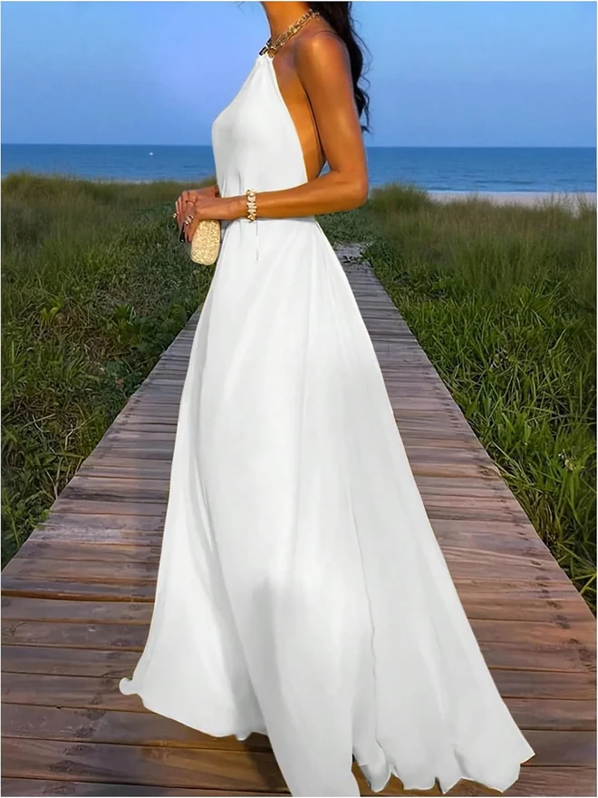 Sleeveless Chain Halter Backless Elegant Flared Maxi Dress by OYOANGLE