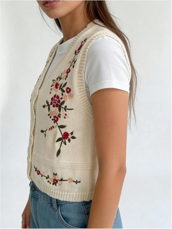 Plus Size Floral Button Up Sweater Vest Knit Cardigan by OYOANGLE, photograph 2 of 4