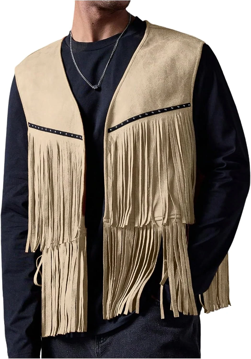 Casual Suede Top Shirt Boho Fringe Trim Open Front Sleeveless by OYOANGLE, photograph 1 of 4