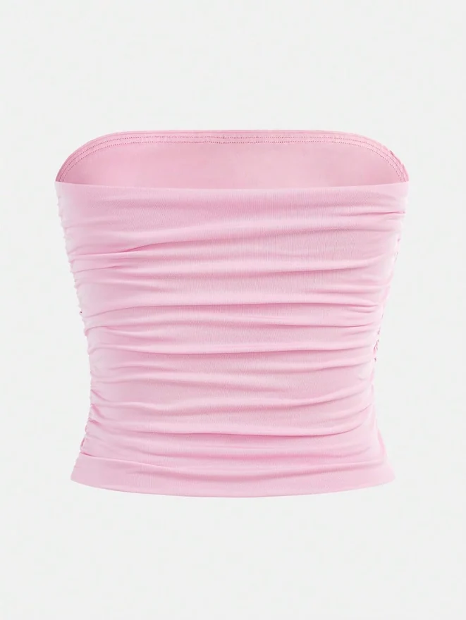 Girl's Strapless Ruched Cropped Tube Tops Pink by OYOANGLE, photograph 3 of 4