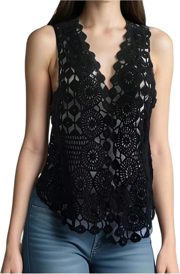 Hollow Out Crochet Sweater Vest Open Front Sleeveless Tops by OYOANGLE