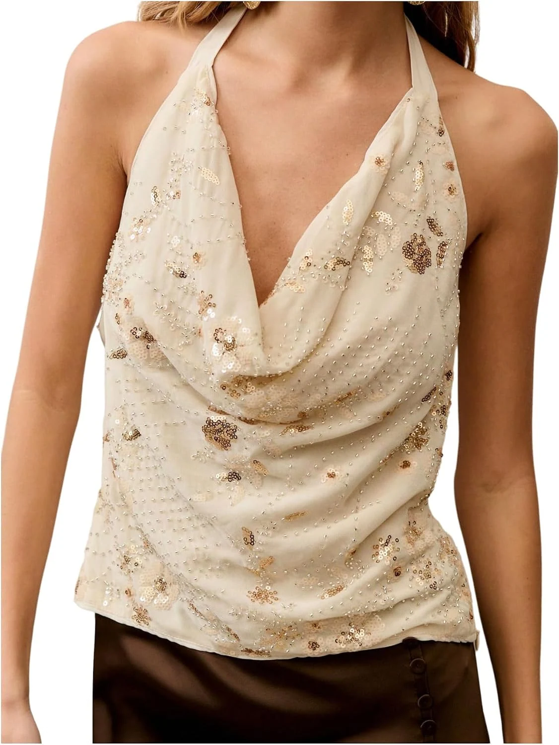 Sequin Sparkly Cowl Neck Halter Top Sexy Open Back Ruched Fitted by OYOANGLE, photograph 1 of 4