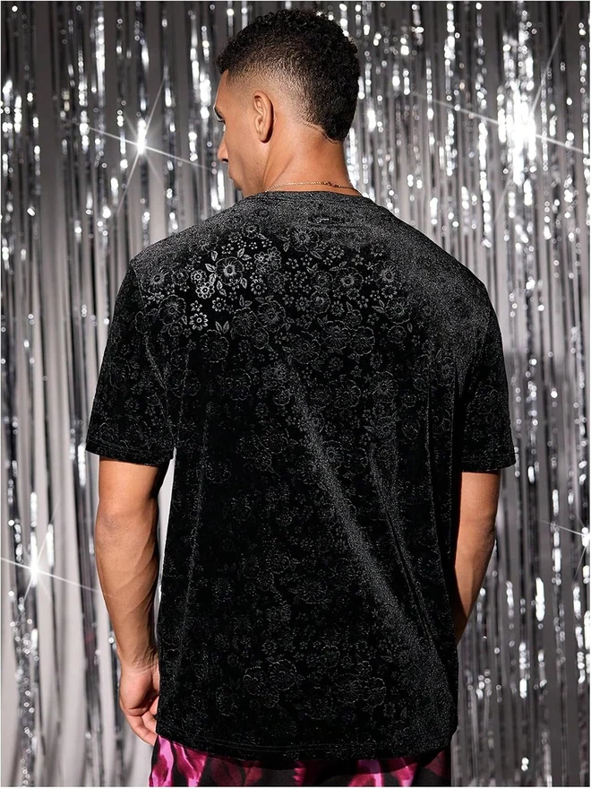 Velvet Crew Neck T Shirt Floral Sparkle Short Sleeve Shirt by OYOANGLE, photograph 2 of 4