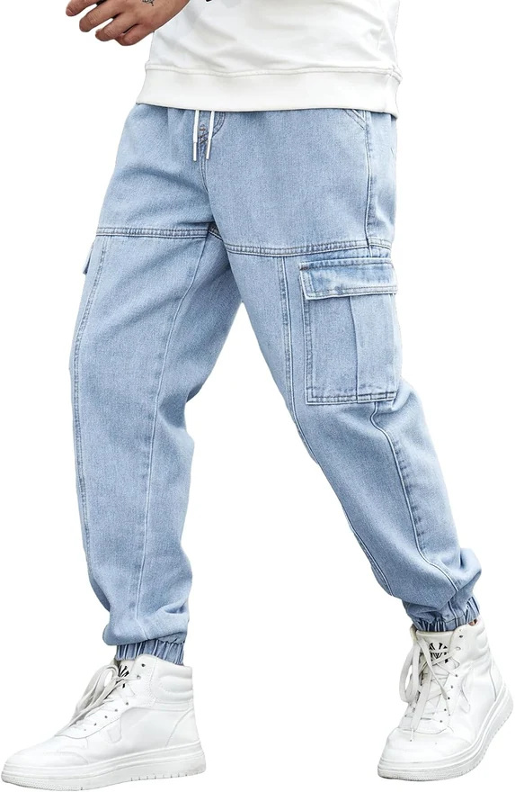Drawstring Waist Flap Pocket Jogger Cargo Pants Carrot Denim by OYOANGLE, photograph 4 of 4