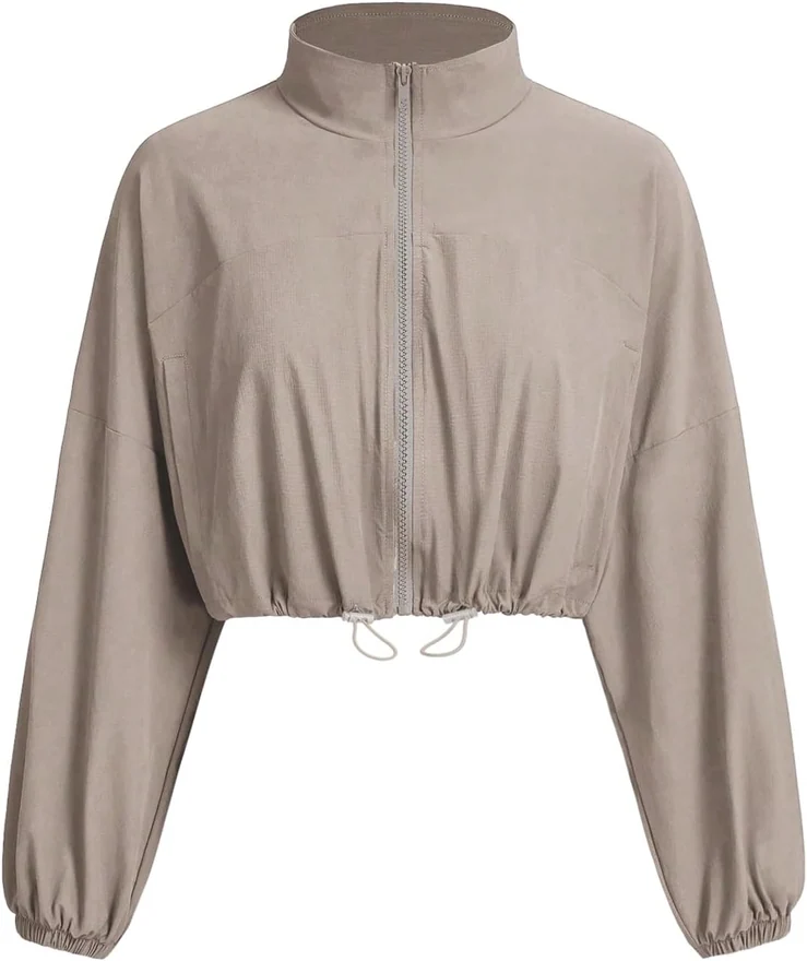 Oversized Cropped Jacket Zip Up Windbreaker Running Jacket by OYOANGLE