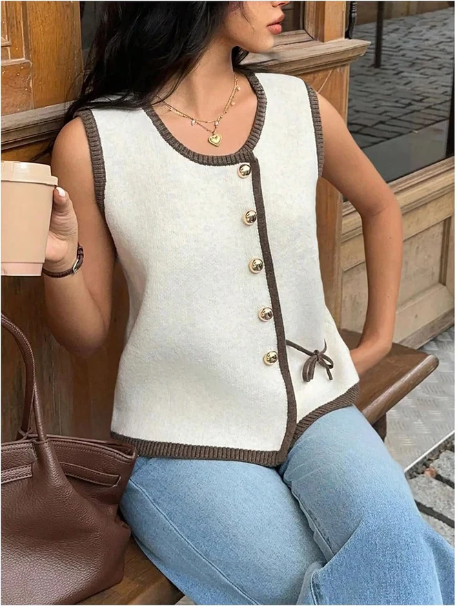 Button Up Cardigan Crew Neck Sweater Vest Apricot by OYOANGLE, photograph 4 of 4