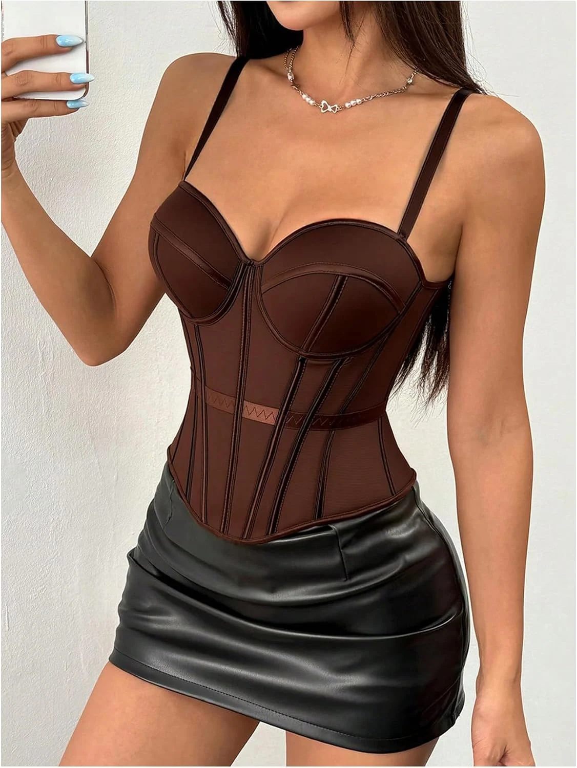 Bustier Corset Top See Through Mesh Boned Cami Tops Brown by OYOANGLE, photograph 1 of 3
