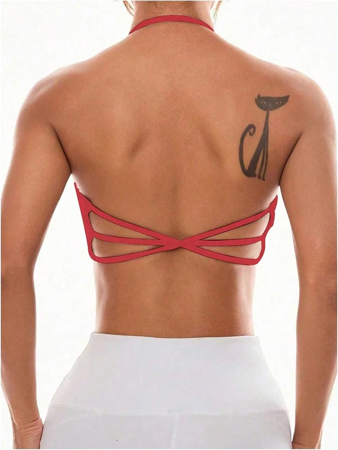 Halter Sports Bra Padded Workout Backless Yoga Bras Red by OYOANGLE, photograph 3 of 4