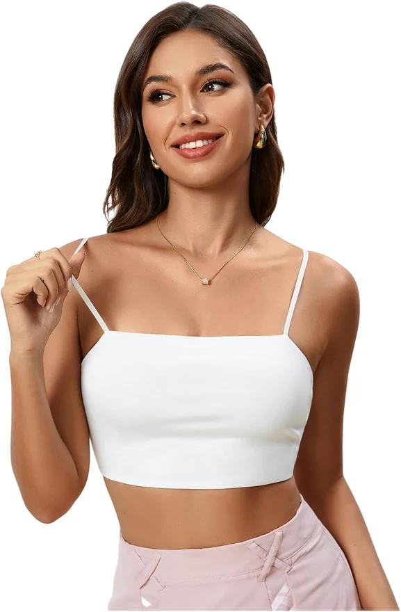 Spaghetti Strap Crop Tank Top Bright White by OYOANGLE