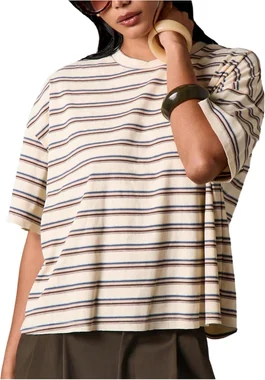 Oversized Striped T Shirts Ribbed Knit Y2k Going Out Tops in Beige