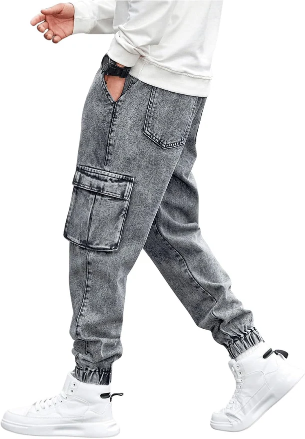 Drawstring Waist Flap Pocket Jogger Cargo Pants Carrot Denim by OYOANGLE, photograph 2 of 2