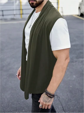 Sleeveless Cardigan Open Front Draped Collar Vest in Dark Green