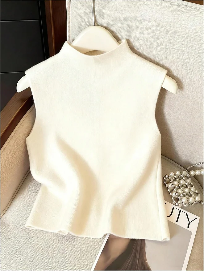 Button Up Sweater Vest Mock Neck Sleeveless Dressy Knit Top by OYOANGLE