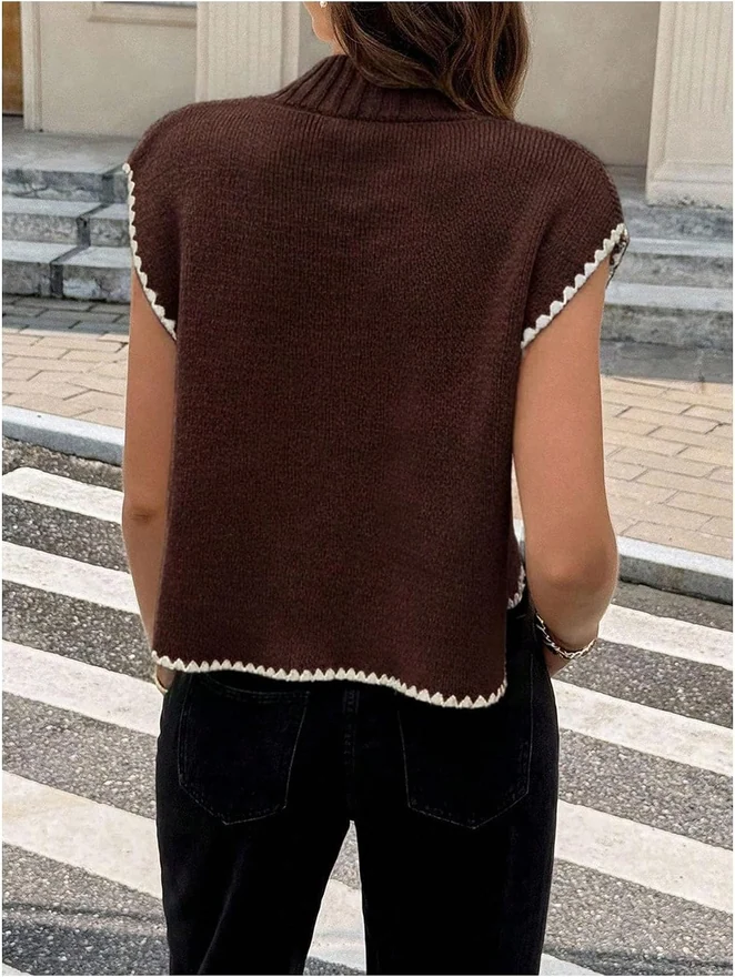 Bow Short Sleeve Sweater Side Tie Knit Pullover Top Brown by OYOANGLE, photograph 3 of 4